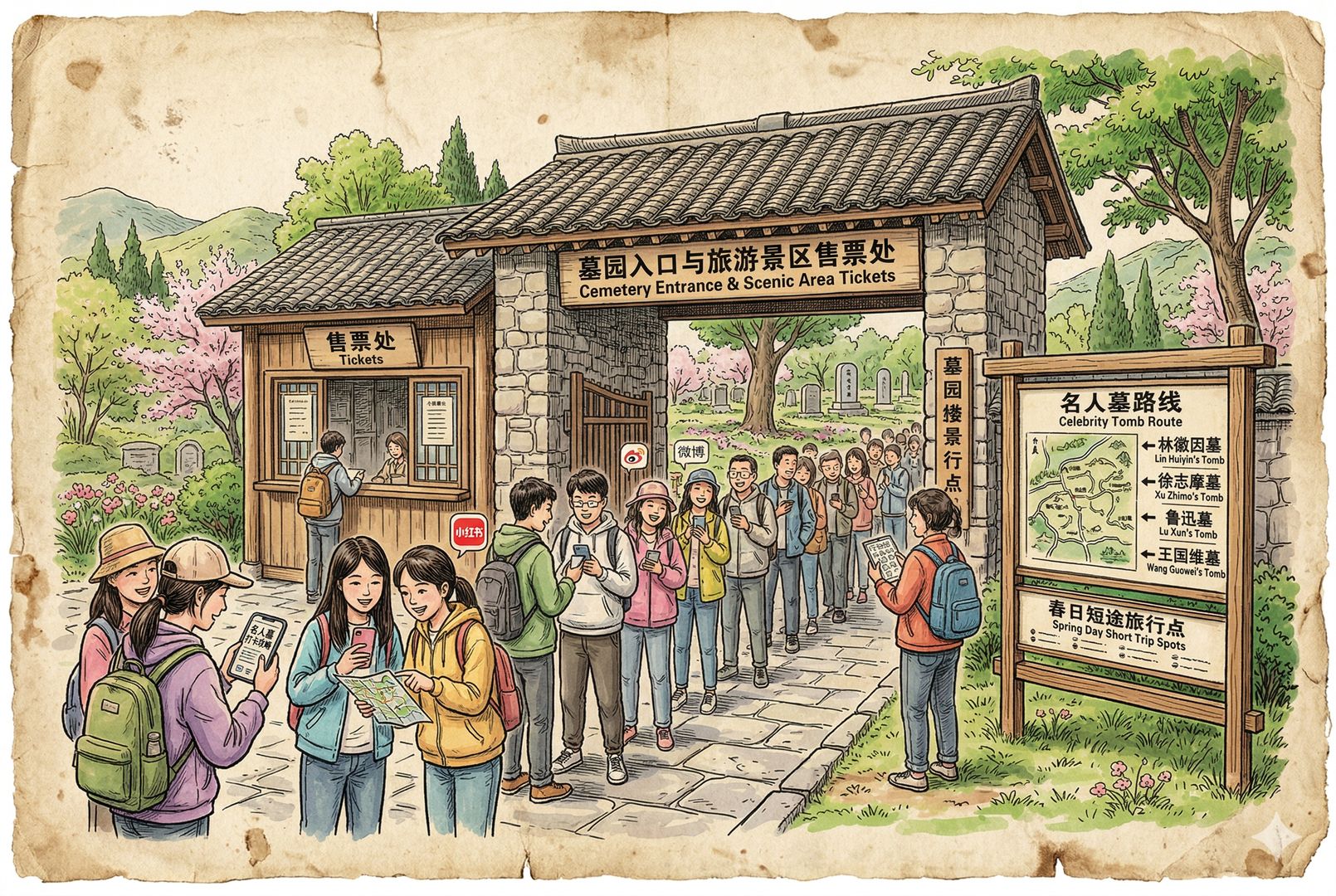 墓园入口与旅游景区售票处结合的场景,年轻游客排队入场,手举手机查看攻略,导览牌上写着名人墓路线,气氛像追星打卡又像春日短途旅行,羊皮纸,钢笔彩色手绘的统一风格。