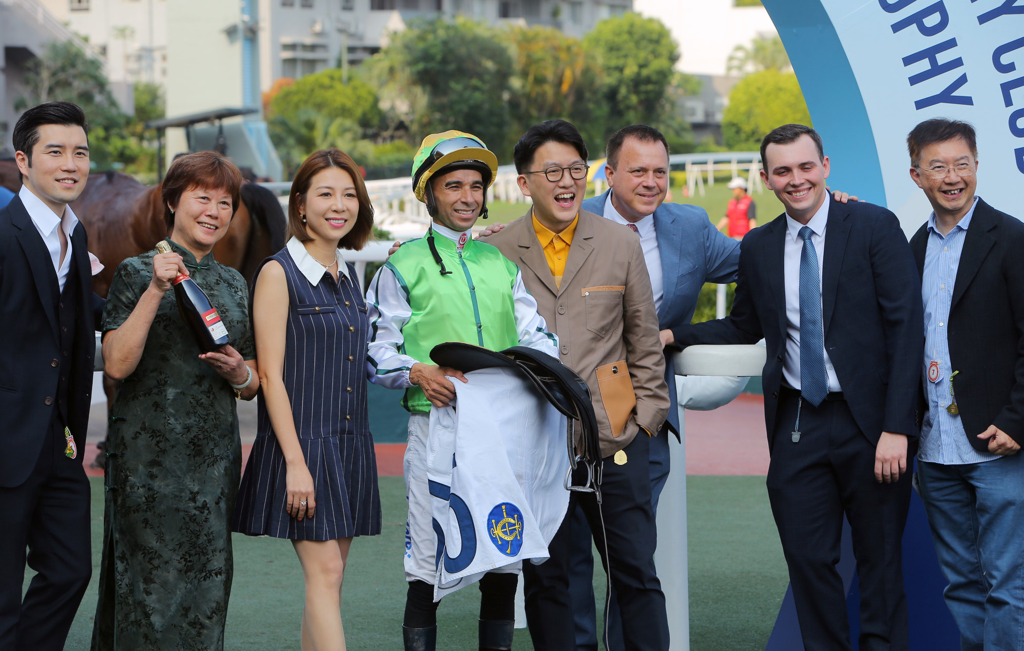 Jockey Joao Moreira and connections of Target Audience celebrate his first Hong Kong success. Jockey Joao Moreira and connections of Target Audience celebrate his first Hong Kong success.