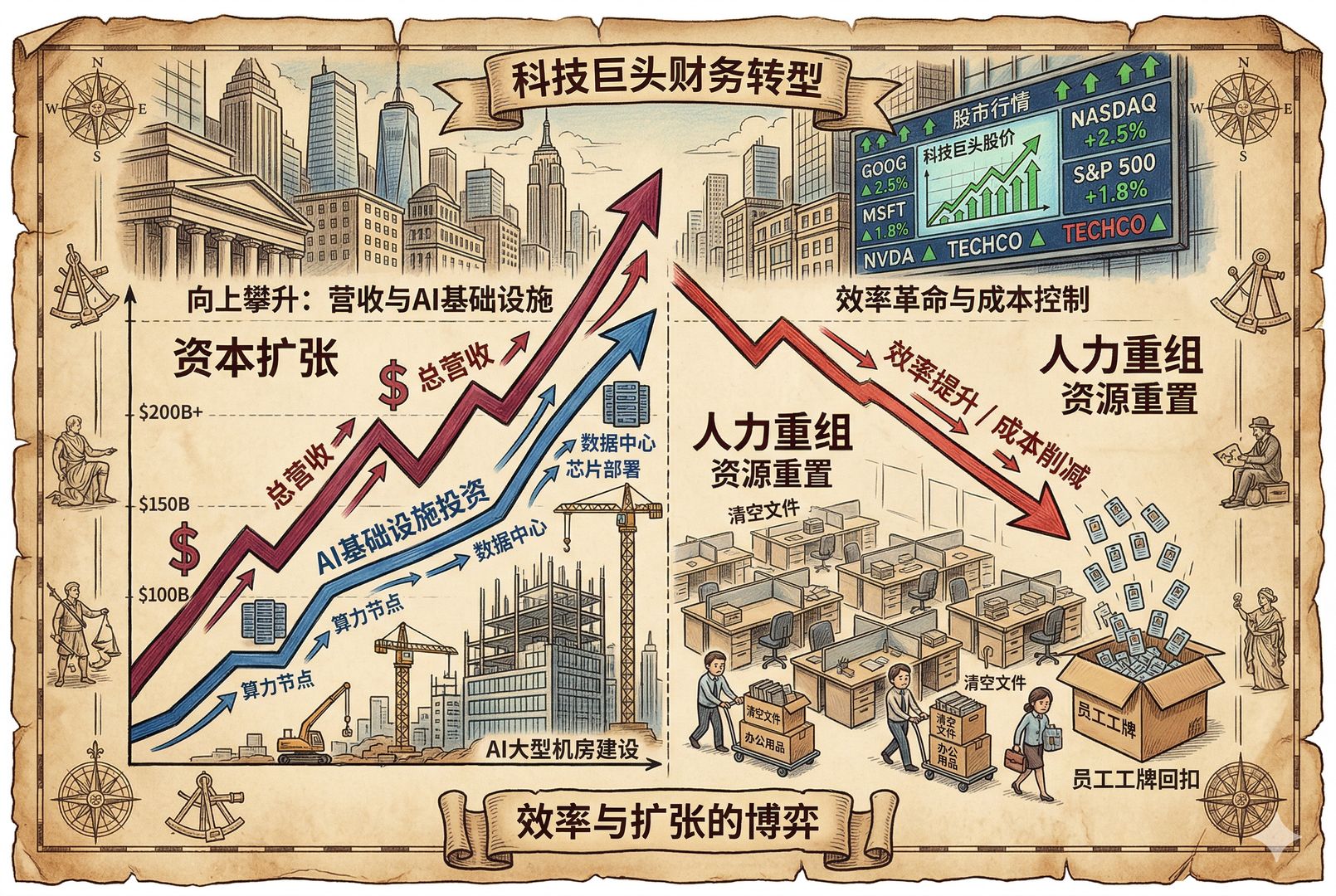 华尔街风格的财务场景中,一边是向上攀升的营收与AI基础设施曲线,另一边是成排被打包带走的办公桌和员工工牌,背景有正在建设的大型机房与股价上涨的行情板,羊皮纸,钢笔彩色手绘的统一风格。