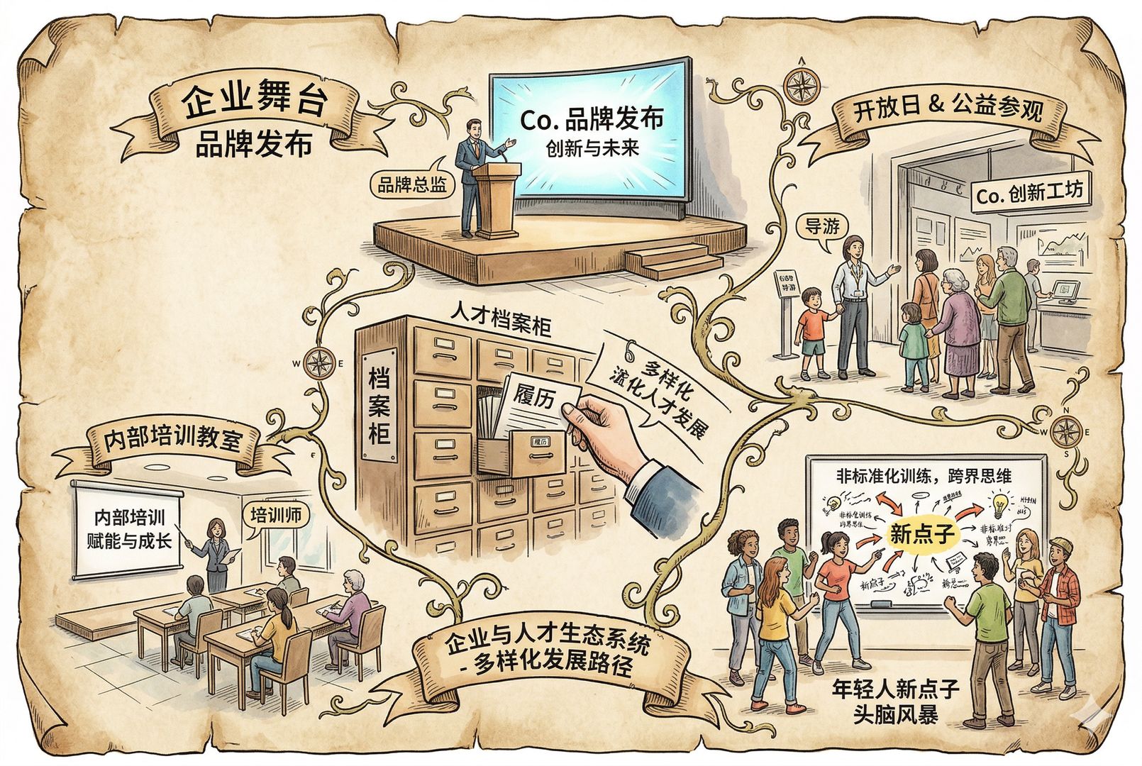 五个互相连接的小场景组成一幅图:企业舞台上的品牌发布、开放日公益参观、人才档案柜、内部培训教室、以及一群未被标准化训练的年轻人围着白板提出新点子,像五个目的同时展开,羊皮纸,钢笔彩色手绘的统一风格。