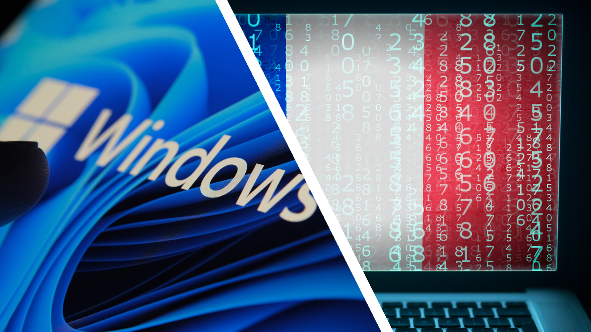 A finger touching a screen showing the Windows 11 logo next to a laptop screen showing the France flag covered in digits