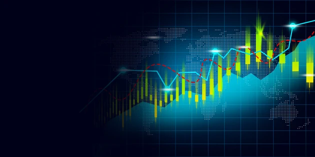 Financial Chart with Upward Trend and Digital World Map Overlay, Global Business Growth Concept.