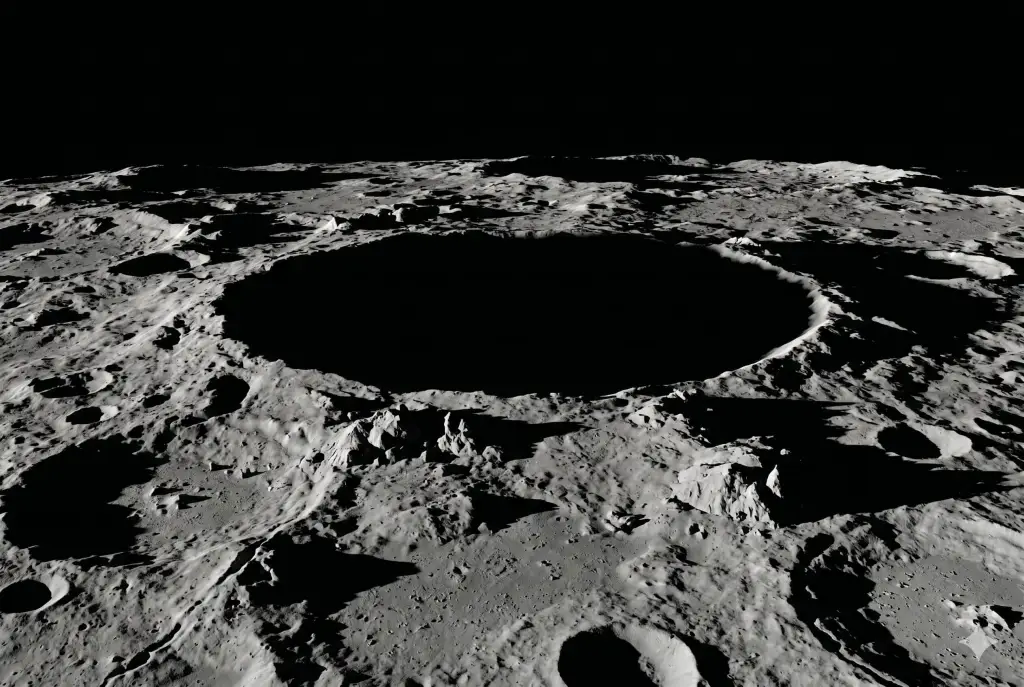 Polo sur de la El polo sur lunar, objetivo de Artemis IV en 2028, alberga agua helada en sus cráteres permanentemente en sombra. Foto: ChatGPT / Scruzcampillo.
