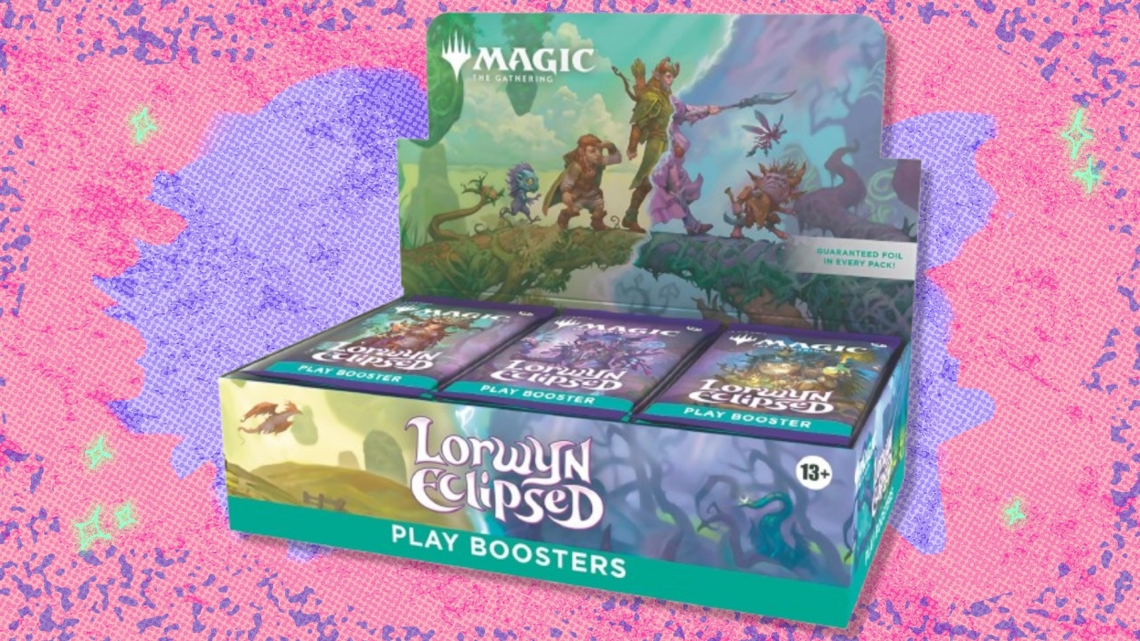 The Magic: The Gathering Lorwyn Eclipsed - Play Booster Box on a purple and red background