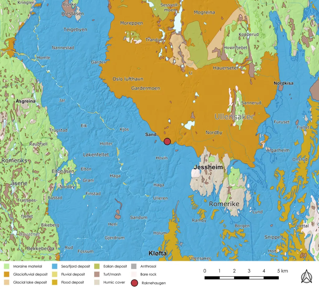 Mapa de los sedimentos del Cuaternario en la zona que rodea Raknehaugen