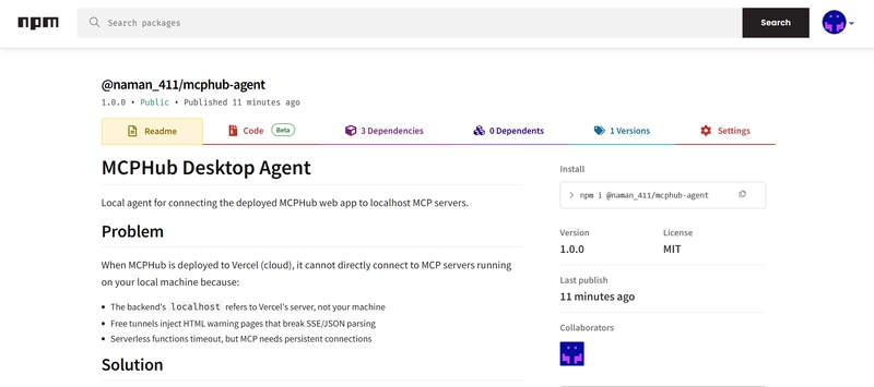 ScreenShot of npm package of mcphub