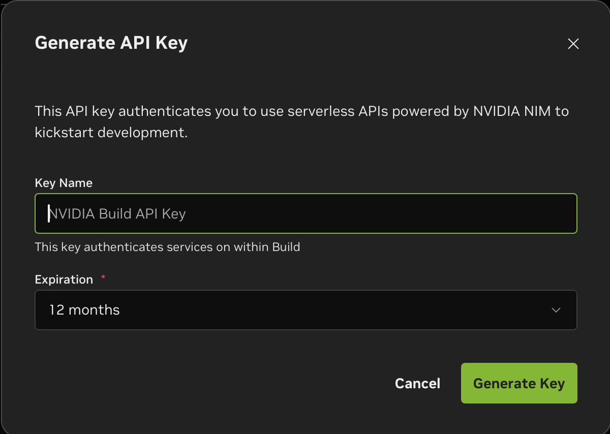 The NVIDIA Build dashboard showing the Generate API Key dialog