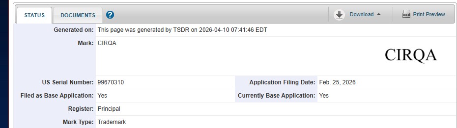 Garmin Cirqa Trademark listing from USTPO database