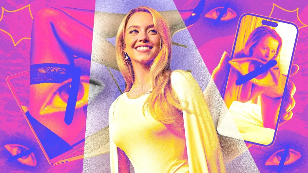 actor sydney sweeney amid eyeballs, a phone screen, and legs