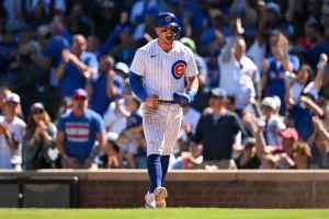 CHICAGO, ILLINOIS - SEPTEMBER 09: Nico Hoerner #2 of the Chicago Cubs reacts after scoring in the third inning against the Arizona Diamondbacks at Wrigley Field on September 09, 2023 in Chicago, Illinois. (Photo by Quinn Harris/Getty Images)