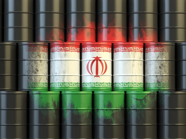 Iranian oil fuel energy concept. Flag of Iran on barrels