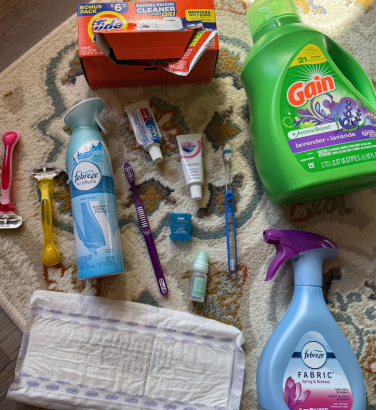 Razors, laundry and cleaning products, Febreze products, and self-care products laying on rug