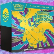 The Pokémon TCG: Mega Evolution — Ascended Heroes Elite Trainer Box on a blue, purple, and red background