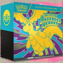 The Pokémon TCG: Mega Evolution — Ascended Heroes Elite Trainer Box on an orange, red, and green background