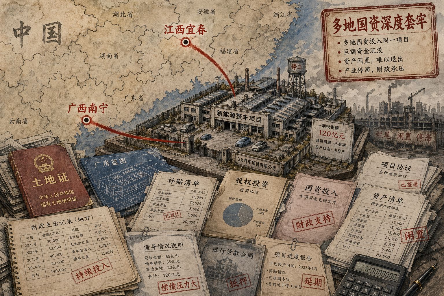 中国地图局部上标出江西宜春与广西南宁,两地用红线连到同一座汽车工厂模型,旁边堆着土地证、厂房蓝图和补贴清单,显示多地国资被深度套牢,羊皮纸,钢笔彩色手绘的统一风格。