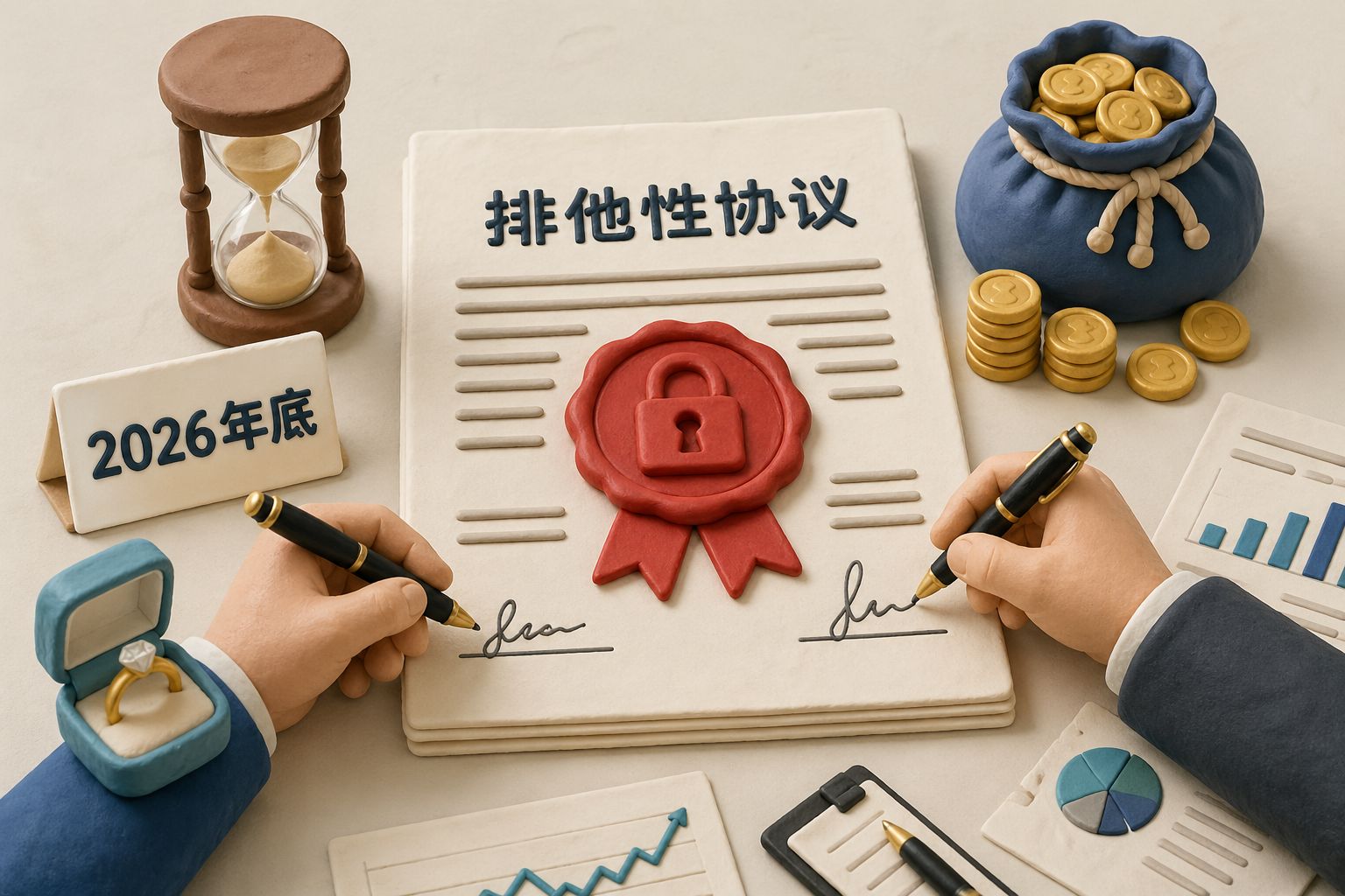 一张带蜡封的排他性协议摊在桌面上,两只手准备签字,旁边摆着沙漏、金色硬币袋和写着“2026年底”的小卡片,画面隐喻试婚与锁定期,近景俯视视角,羊皮纸,钢笔彩色手绘的统一风格。