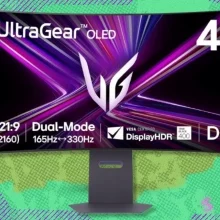 The LG OLED curved 45-inch UltraGear gaming monitor on a green and purple background