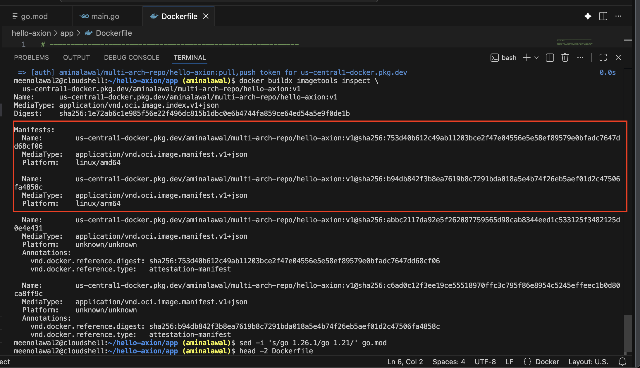 Google Cloud Artifact Registry console showing hello-axion as an Image Index with two child images: one labeled linux/amd64 and one labeled linux/arm64, each with its own digest and size.