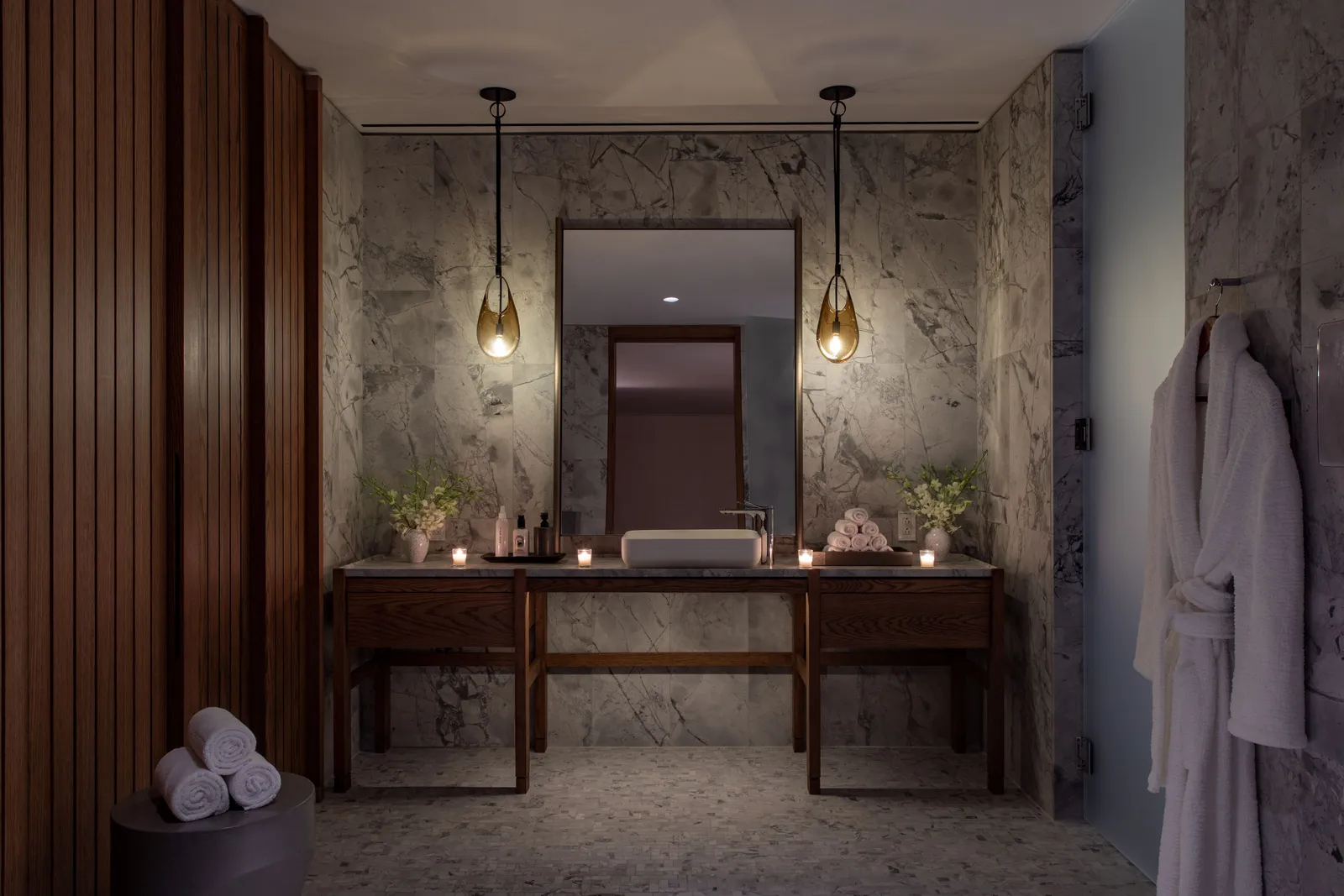 Image may contain Indoors Interior Design Lighting Lamp Sink Plant Dressing Room Room Desk Furniture and Table