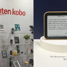 On the left, a display of Rakuten Kobo e-readers. On the right, the Author Clock.