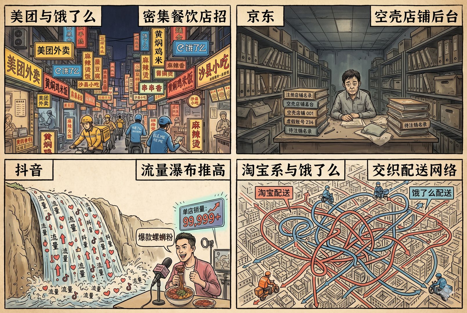 四格对照式画面,美团与饿了么的密集餐饮店招、京东堆满空壳店铺名录的后台、抖音流量瀑布推高单店销量、淘宝系与饿了么业务交织的配送网络,各自问题一目了然,羊皮纸,钢笔彩色手绘的统一风格。