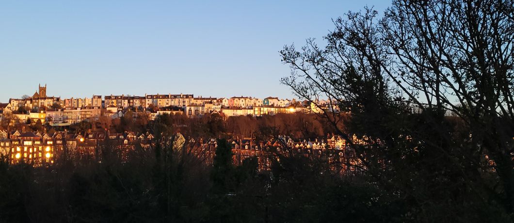 A view of West Hill in Hastings on a cold November day, but bathed in golden light