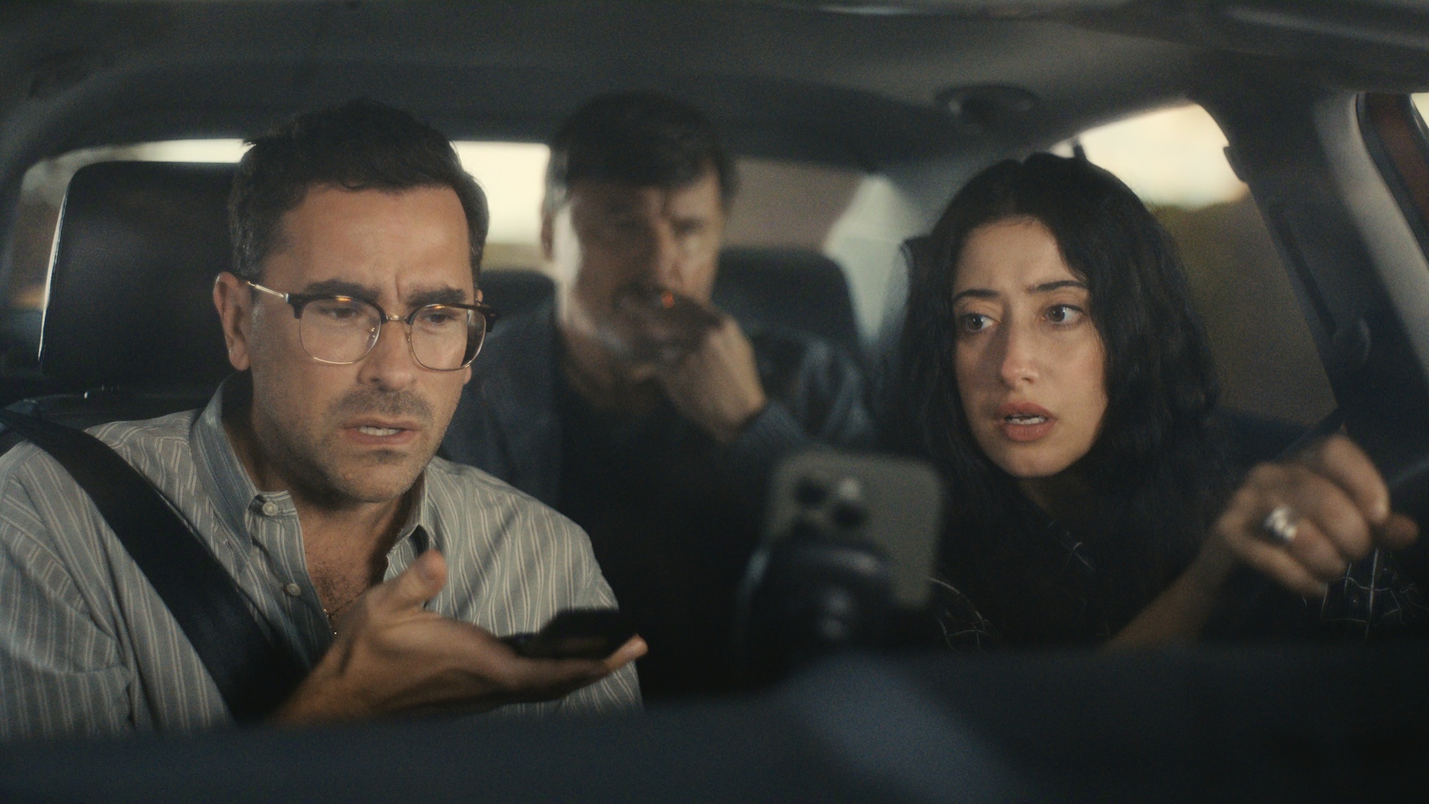 Dan Levy, Ilia Volok, and Taylor Ortega in "Big Mistakes."