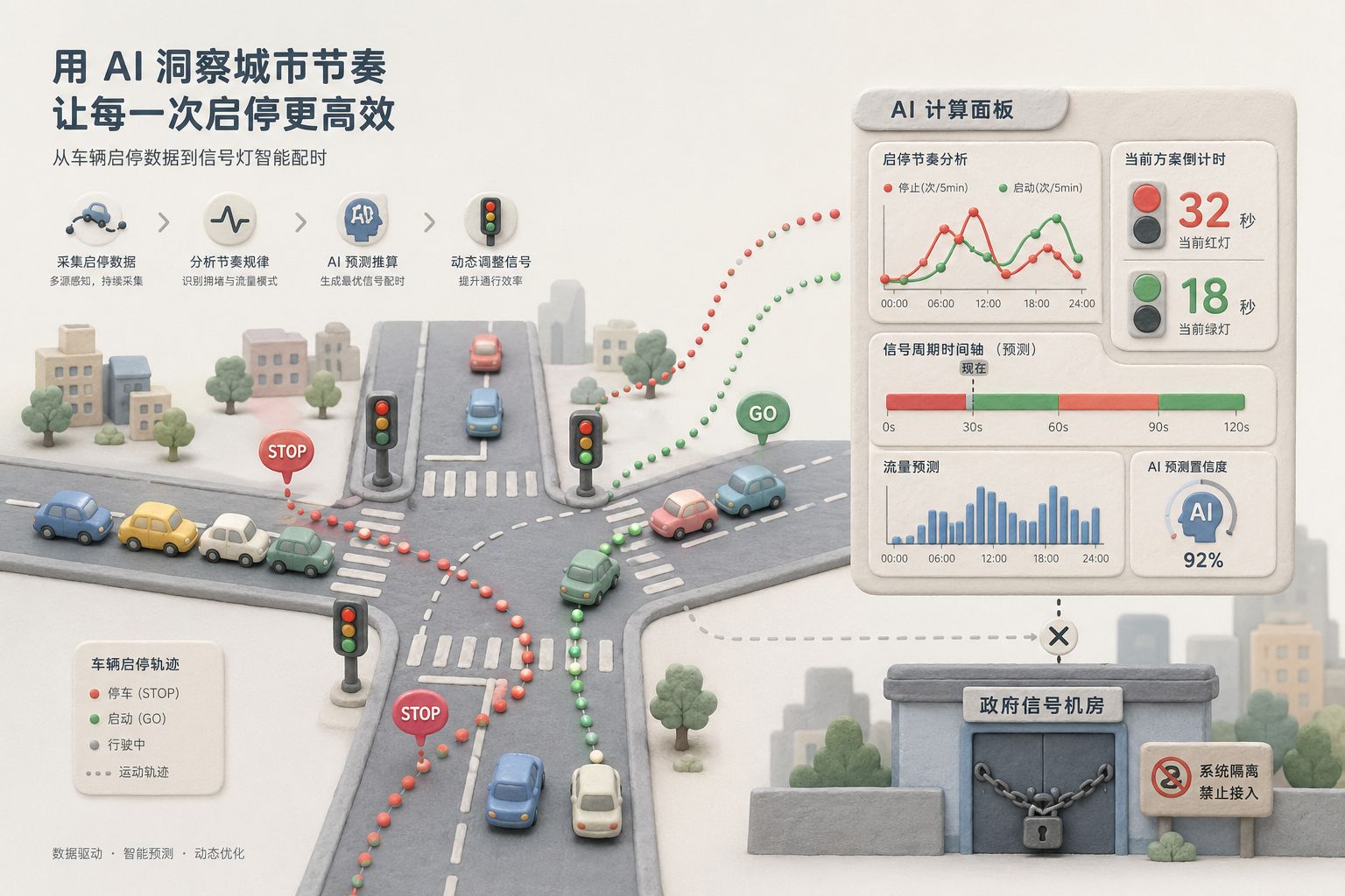一个路口上多辆小车从停止到启动形成数据点轨迹,旁边的 AI 计算面板把车辆启停节奏推算成红绿灯倒计时,封闭的政府信号机房在远处被锁住,浅色背景的商业评论版橡皮泥平面信息图的统一风格。