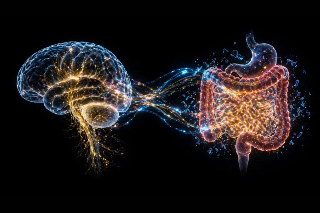 El sistema de comunicación bidireccional entre el intestino y el cerebro, mediado por nervios, hormonas y bacterias, es el mecanismo central que explica cómo el estrés amplifica el daño del picoteo nocturno. Fuente: ChatGPT / Scruzcampillo.