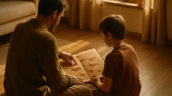 Un adulto y un niño miran juntos un libro ilustrado sobre la prehistoria en casa.
