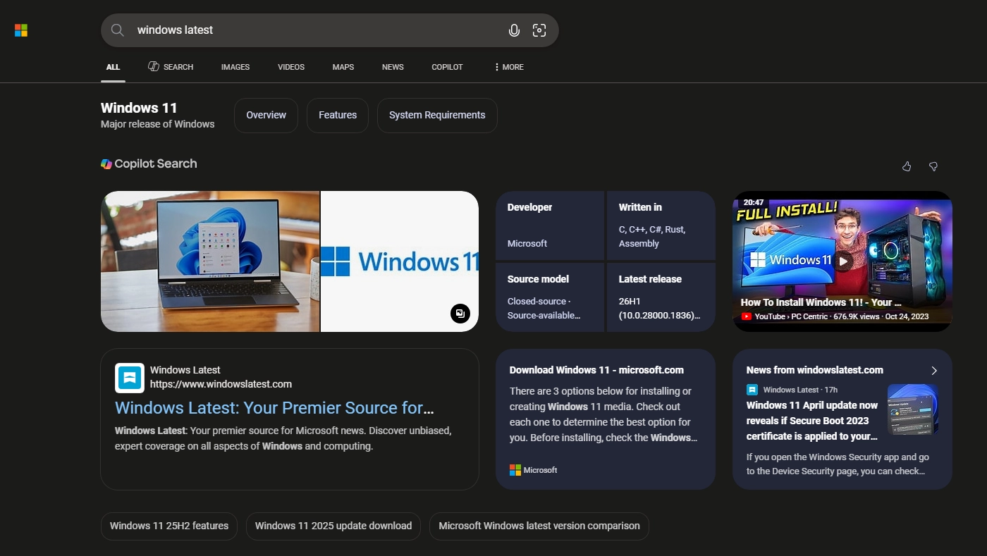 Microsoft Bing search results which also has rounded corners