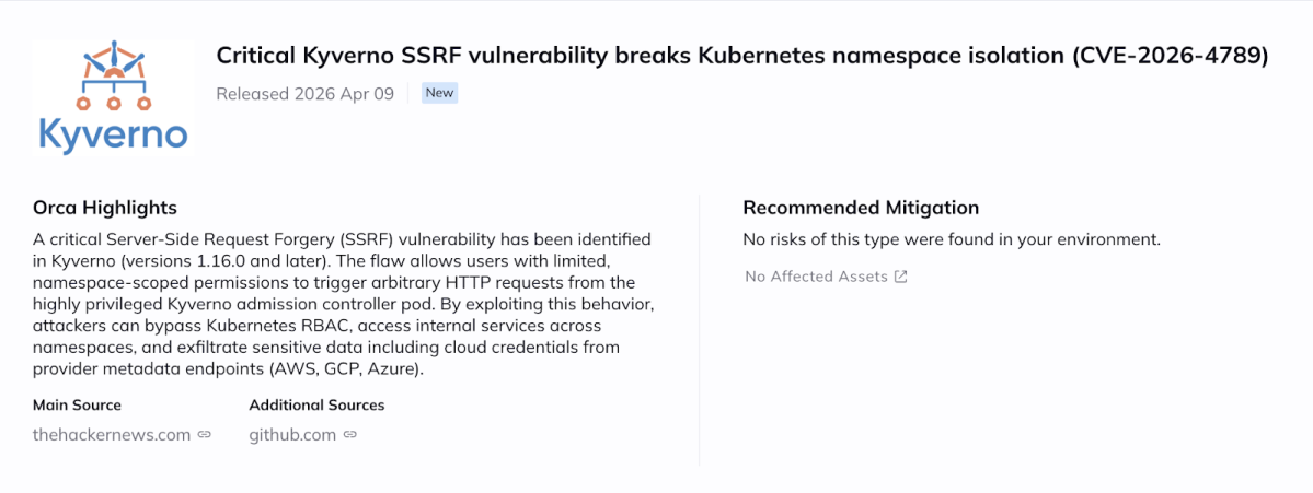 Orca Security platform alert for a critical Kyverno SSRF vulnerability (CVE-2026-4789) that bypasses Kubernetes namespace isolation and RBAC.