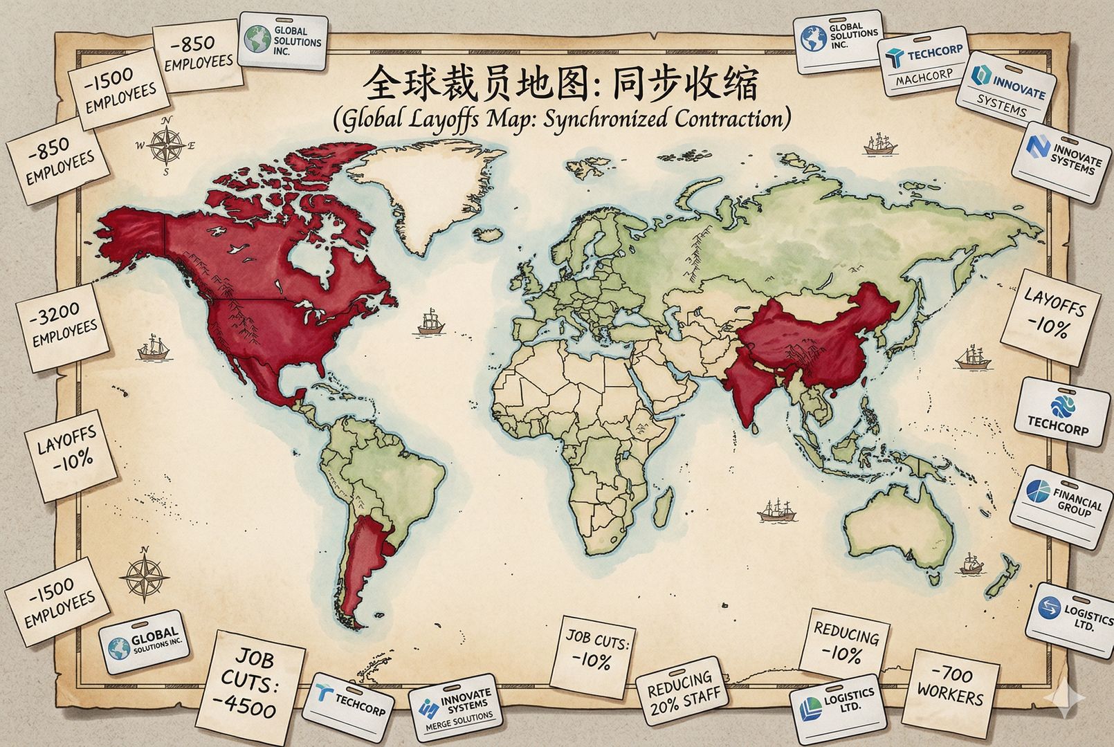 一幅俯视视角的全球地图铺展开来,美国、印度、中国、加拿大、墨西哥与乌拉圭被红色墨水重点标注,地图边缘散落着写有裁员人数的小纸条与公司名牌,呈现全球同步收缩的气氛,羊皮纸,钢笔彩色手绘的统一风格。