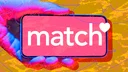 Hand holding phone with Match logo against abstract background