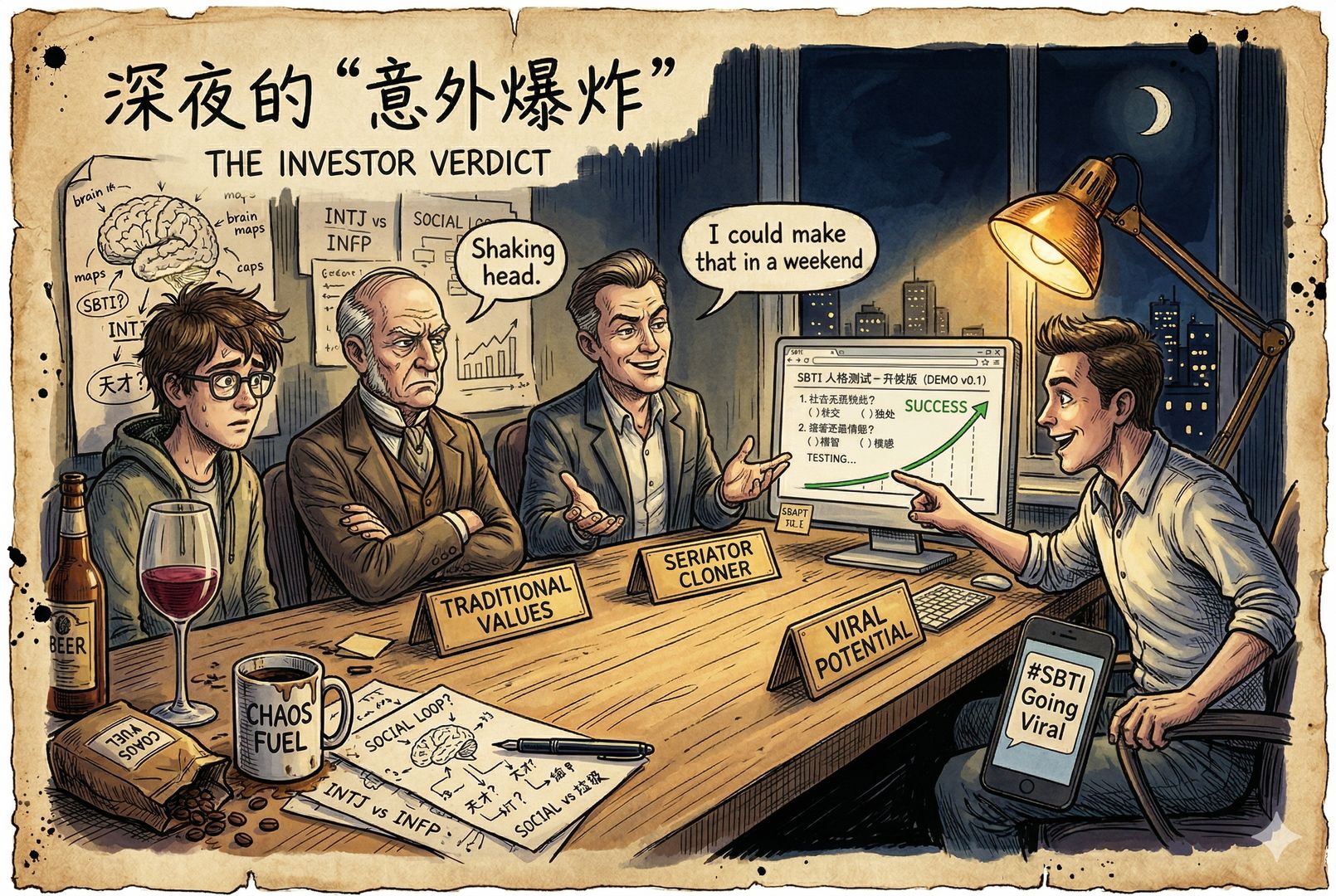 三位风格不同的投资人坐在长桌前,看着同一个粗糙测试产品原型:一人皱眉摇头,一人露出“我也能做”的神情,一人激动地指着上涨曲线,形成鲜明对照,羊皮纸,钢笔彩色手绘的统一风格。