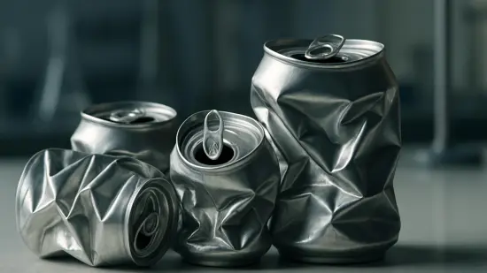 Varias latas de aluminio aplastadas con pliegues geométricos sobre una mesa, iluminadas de forma lateral.