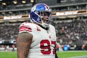 LAS VEGAS, NEVADA - DECEMBER 28: Dexter Lawrence II #97 of the New York Giants walks off the field during halftime of the game against the Las Vegas Raiders at Allegiant Stadium on December 28, 2025 in Las Vegas, Nevada. (Photo by Candice Ward/Getty Images)
