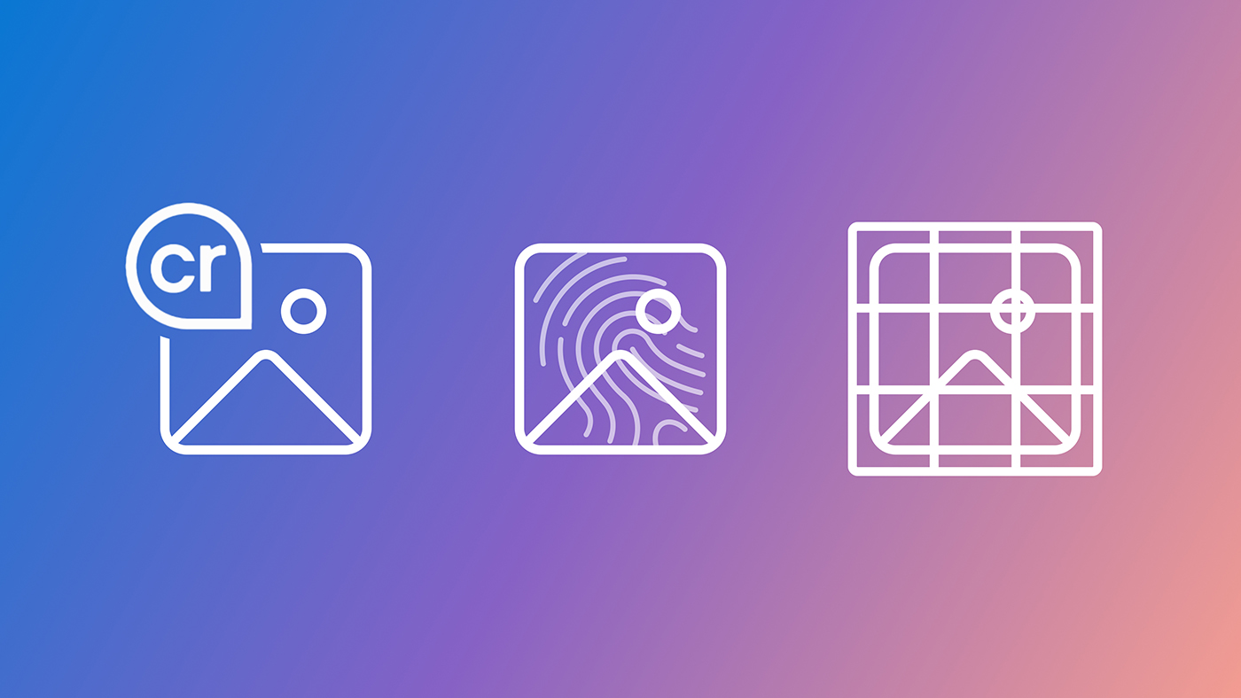 three white outline icons on a blue-to-pink gradient background: an image with a copyright “CR” badge, an image overlaid with fingerprint-like lines, and an image framed by a cropping grid.