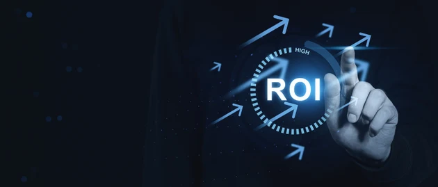 ROI growth interface with hand touching digital arrows in futuristic finance concept background illuminated analytics display.