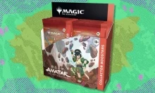 The Magic: The Gathering Avatar: The Last Airbender Collector Booster Box on a green and purple background