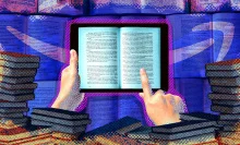 illustrated hands holding a kindle with book pages on it, surrounded by a stack of books