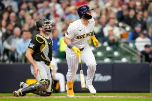 MILWAUKEE, WISCONSIN - APRIL 26: Jake Bauers #9 of the Milwaukee Brewers hits a ground rule double in the fourth inning against the Pittsburgh Pirates at American Family Field on April 26, 2026 in Milwaukee, Wisconsin. (Photo by John Fisher/Getty Images)