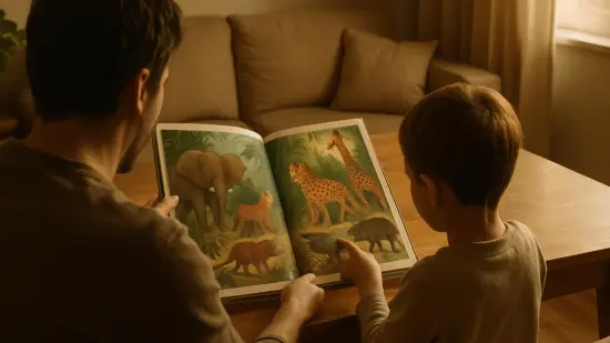Un adulto y un niño miran un libro de animales de la selva en casa.
