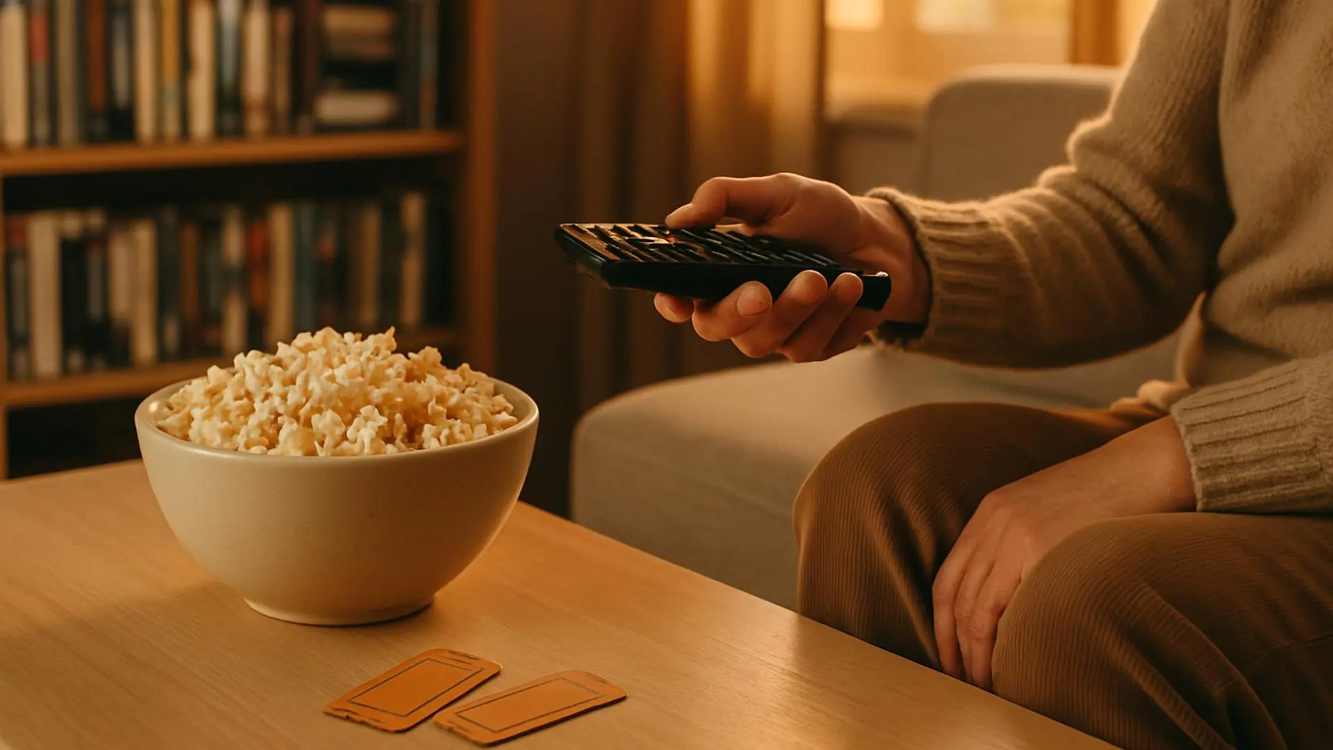 Un salón acogedor con palomitas y un mando a distancia listo para una tarde de cine noventero.