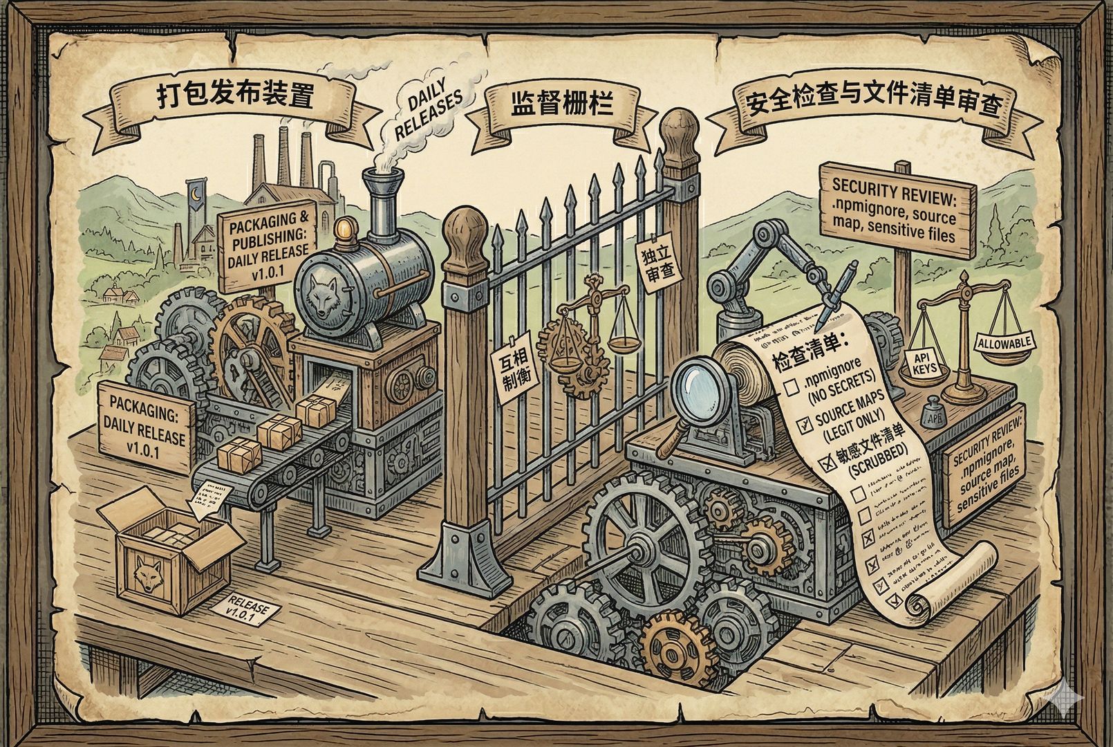 两套独立的小型机械装置在工作,一套负责打包发布,另一套专门检查 .npmignore、source map 和敏感文件清单,彼此隔着一道监督栅栏,像互相制衡的机关系统,羊皮纸,钢笔彩色手绘的统一风格。