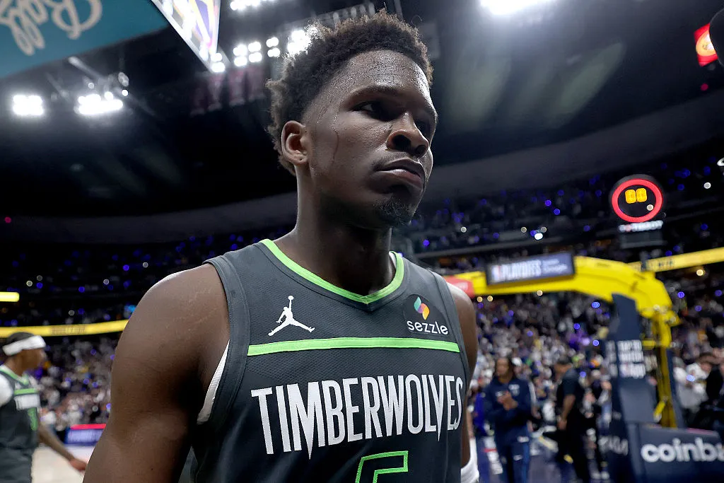 DENVER, COLORADO - APRIL 18: Anthony Edwards #5 of the Minnesota Timberwolves leaves the floor after losing to the Denver Nuggets during Game One of the First Round of the NBA Western Conference Playoffs at Ball Arena on April 18, 2026 in Denver, Colorado. NOTE TO USER: User expressly acknowledges and agrees that, by downloading and or using this photograph, User is consenting to the terms and conditions of the Getty Images License Agreement. (Photo by Matthew Stockman/Getty Images)