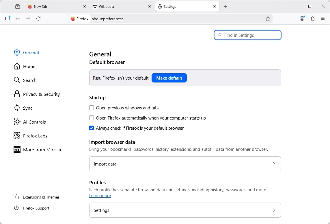 Firefox settings page