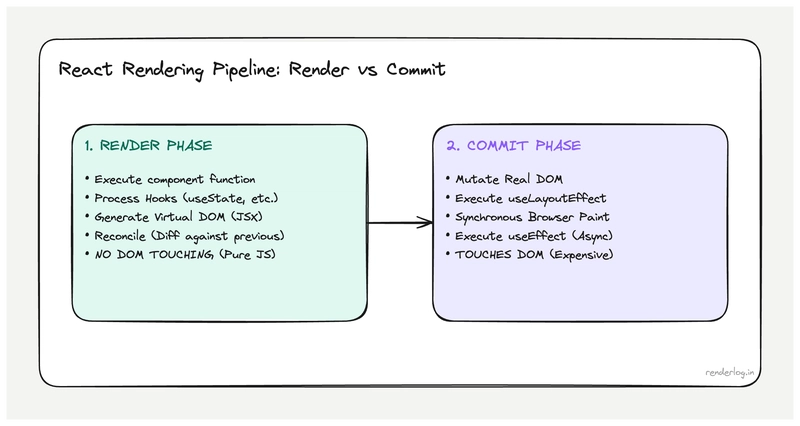 Diagram of React's render phase versus commit phase: reconciliation produces an effect list, then the DOM is updated.