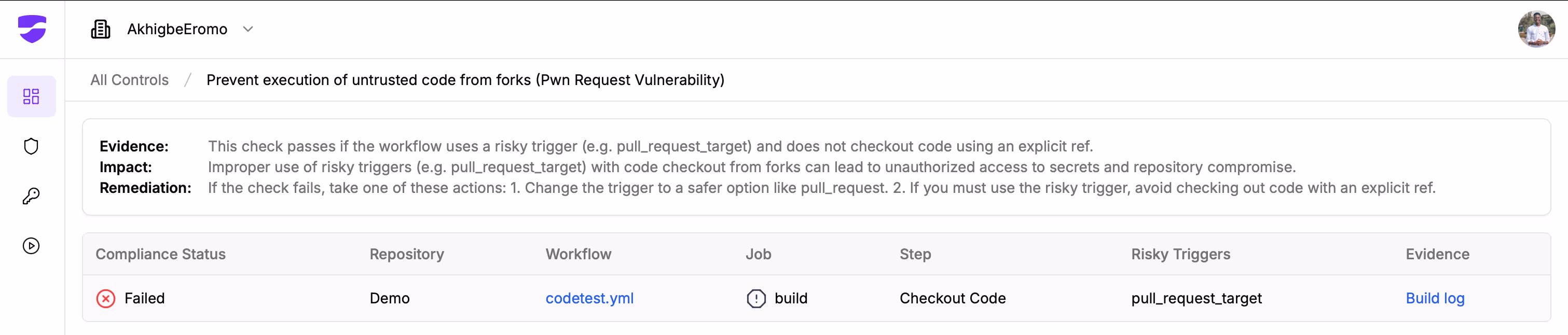 Detailed StepSecurity dashboard report highlighting the 'Pwn Request Vulnerability'