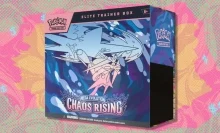 The Pokémon TCG Chaos Rising Elite Trainer Box on an orange, red, and green background